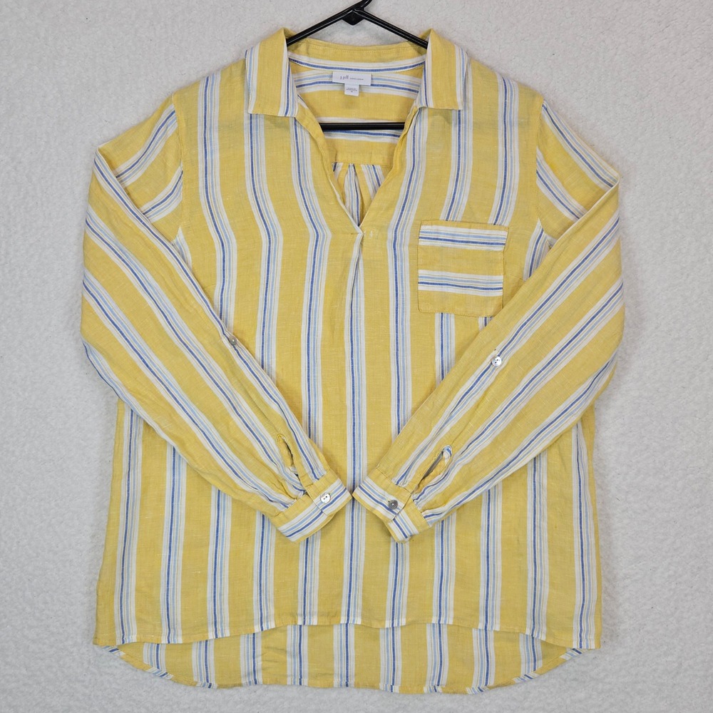 J. Jill Love Linen Tunic M Yellow Blue Stripe Coastal Mediterranean Popover - Picture 4 of 13